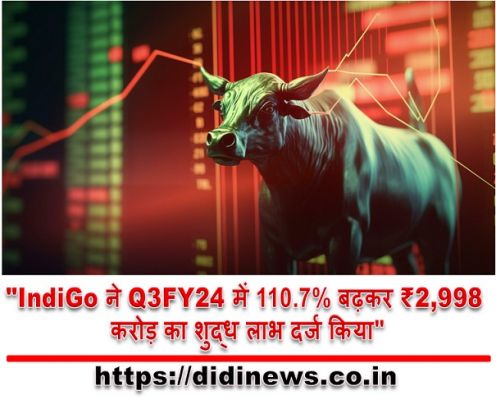 "IndiGo ने Q3FY24 में 110.7% बढ़कर ₹2,998 करोड़ का शुद्ध लाभ दर्ज किया"