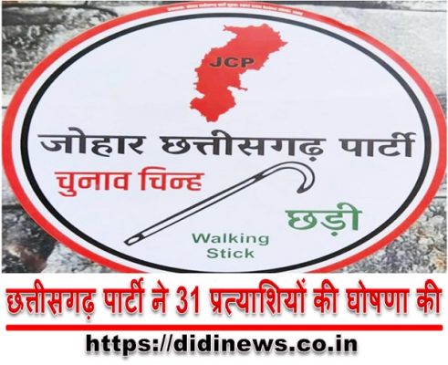 छत्तीसगढ़ पार्टी ने 31 प्रत्याशियों की घोषणा की