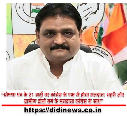 "घोषणा पत्र के 21 वादों पर कांग्रेस के पक्ष में होगा मतदान: शहरी और ग्रामीण दोनों वर्ग के मतदाता कांग्रेस के साथ"